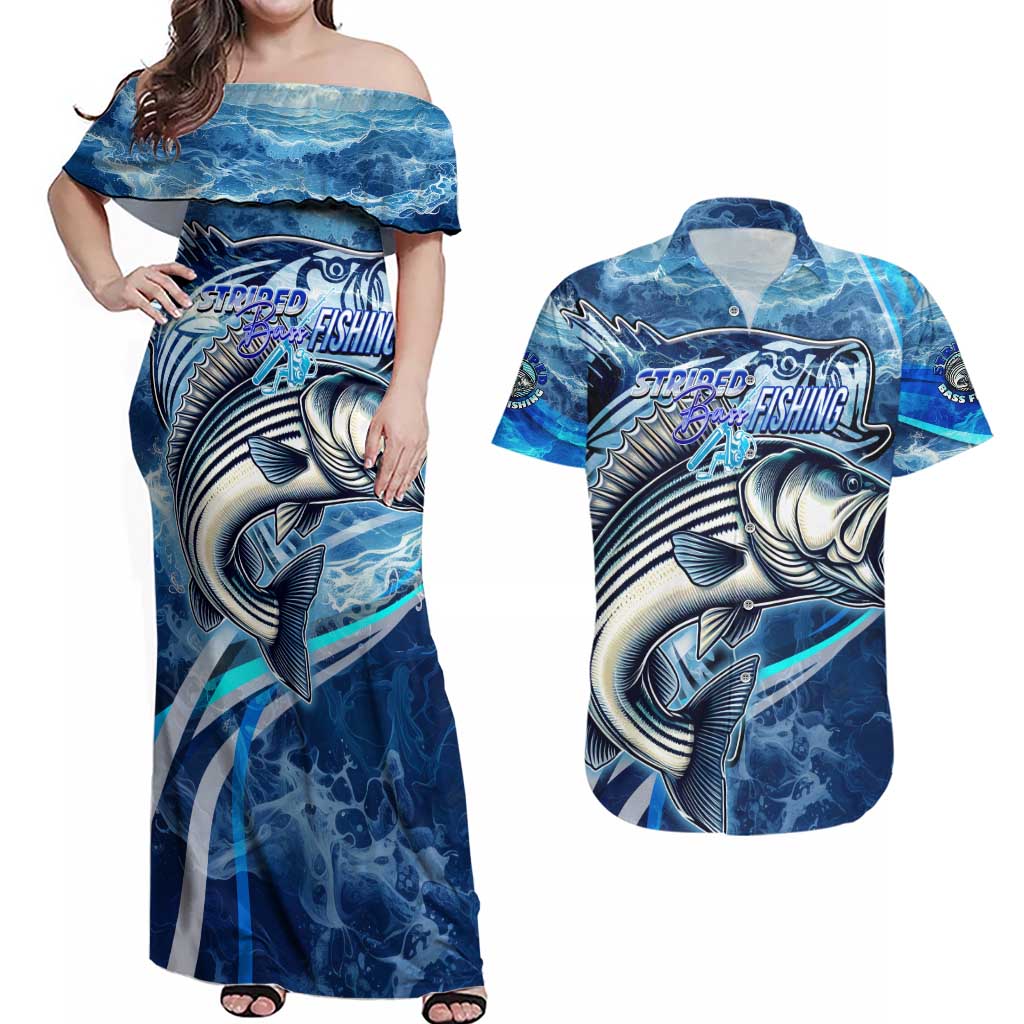 Striped Bass Fishing Couples Matching Off Shoulder Maxi Dress and Hawaiian Shirt Ocean Waves