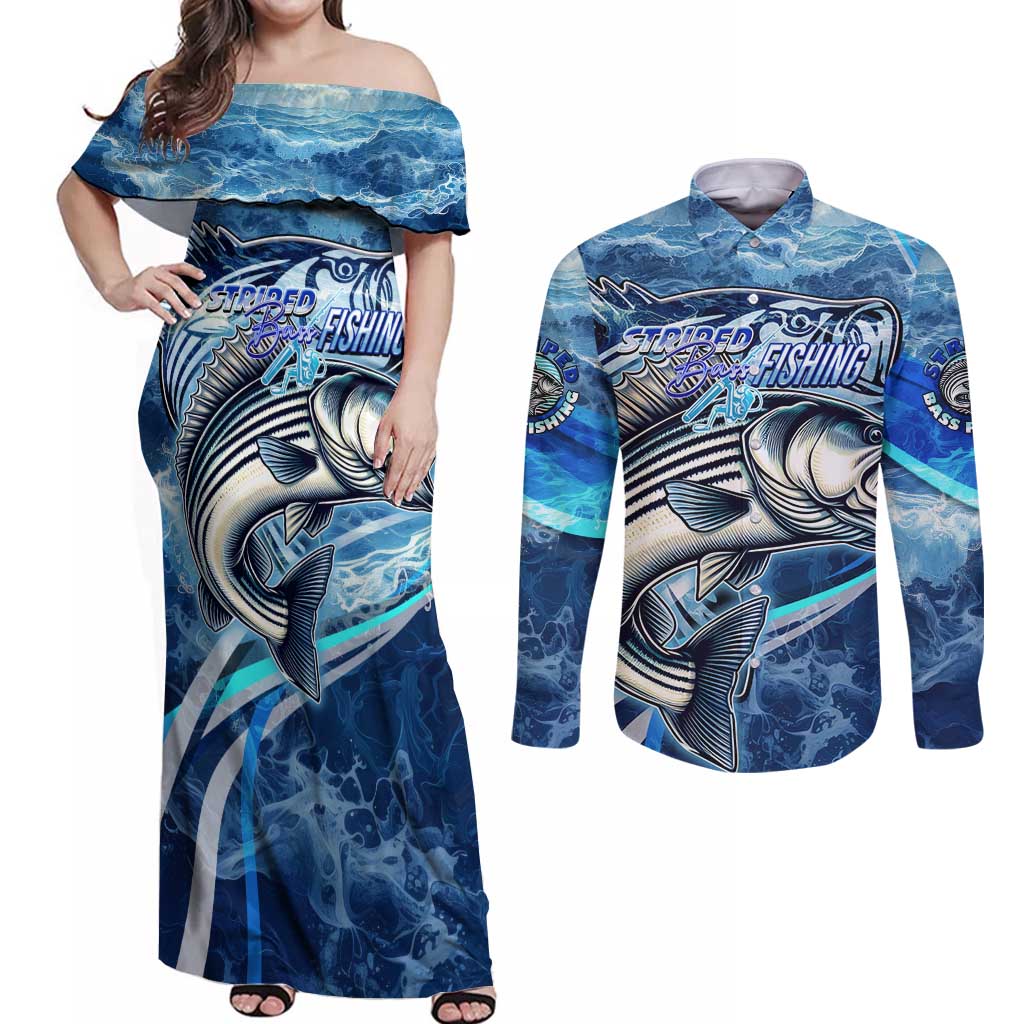 Striped Bass Fishing Couples Matching Off Shoulder Maxi Dress and Long Sleeve Button Shirt Ocean Waves