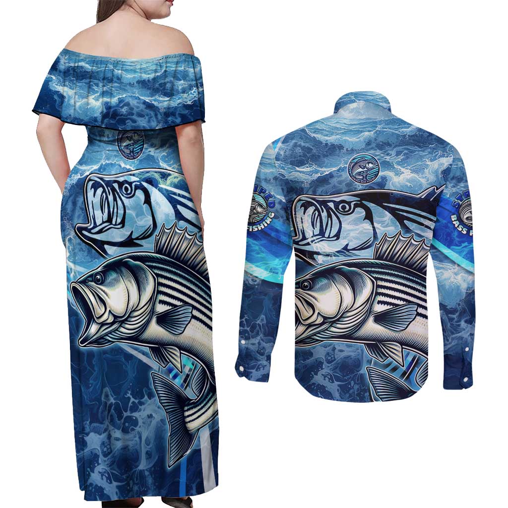 Striped Bass Fishing Couples Matching Off Shoulder Maxi Dress and Long Sleeve Button Shirt Ocean Waves