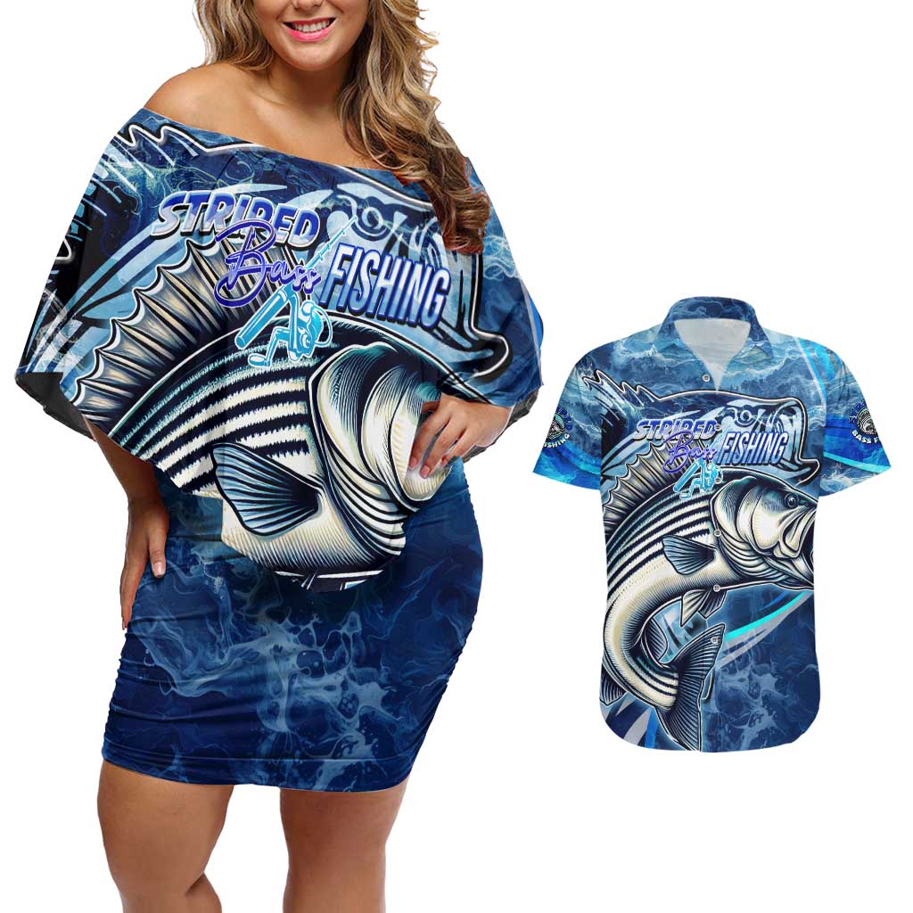 Striped Bass Fishing Couples Matching Off Shoulder Short Dress and Hawaiian Shirt Ocean Waves