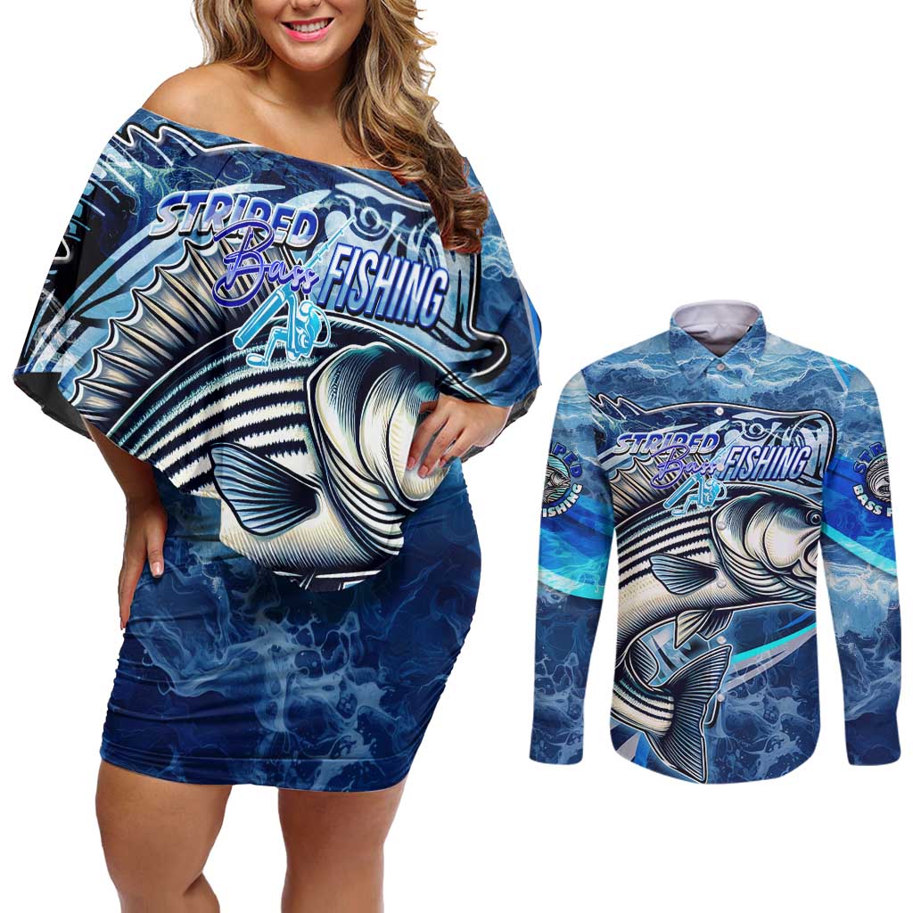 Striped Bass Fishing Couples Matching Off Shoulder Short Dress and Long Sleeve Button Shirt Ocean Waves