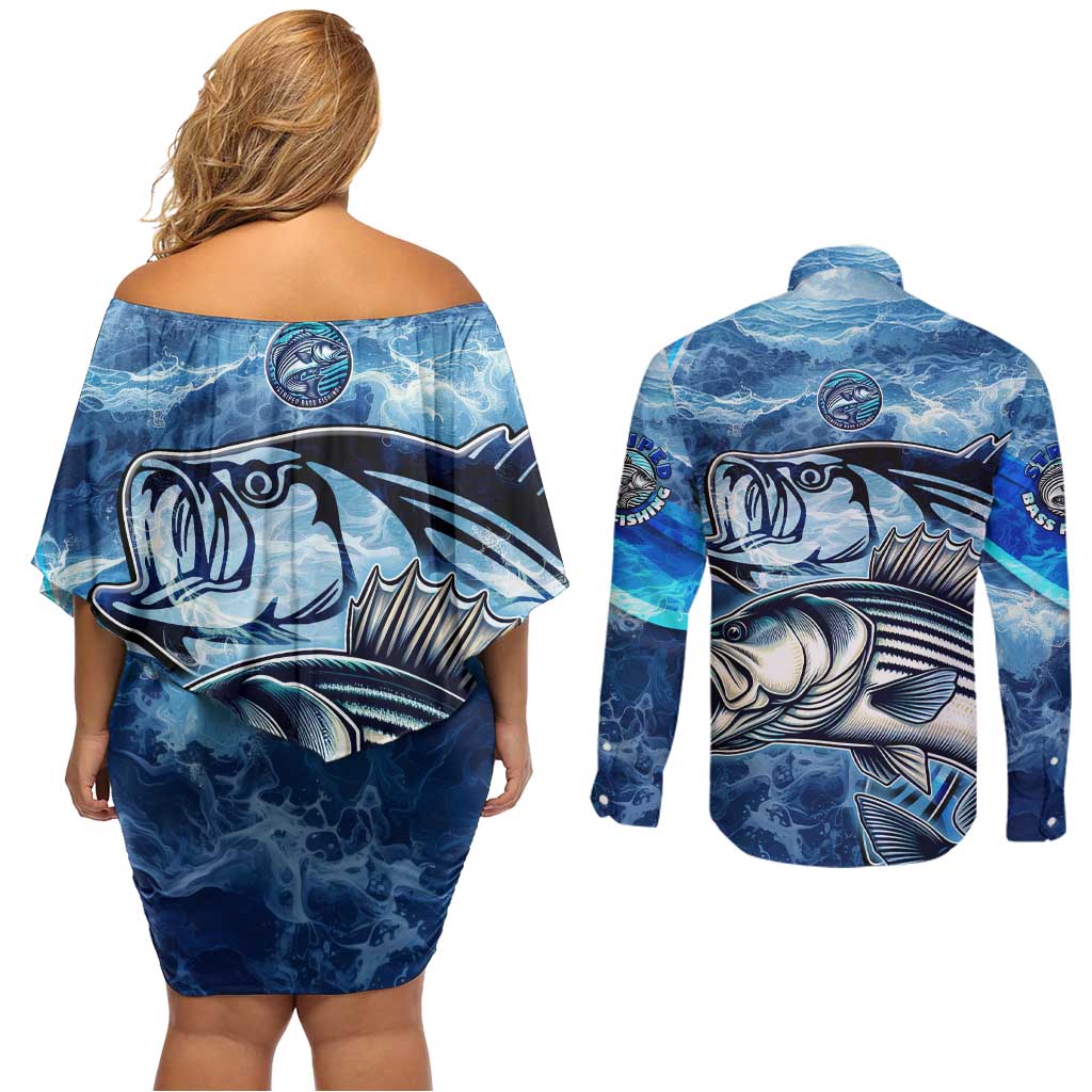 Striped Bass Fishing Couples Matching Off Shoulder Short Dress and Long Sleeve Button Shirt Ocean Waves