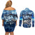 Striped Bass Fishing Couples Matching Off Shoulder Short Dress and Long Sleeve Button Shirt Ocean Waves