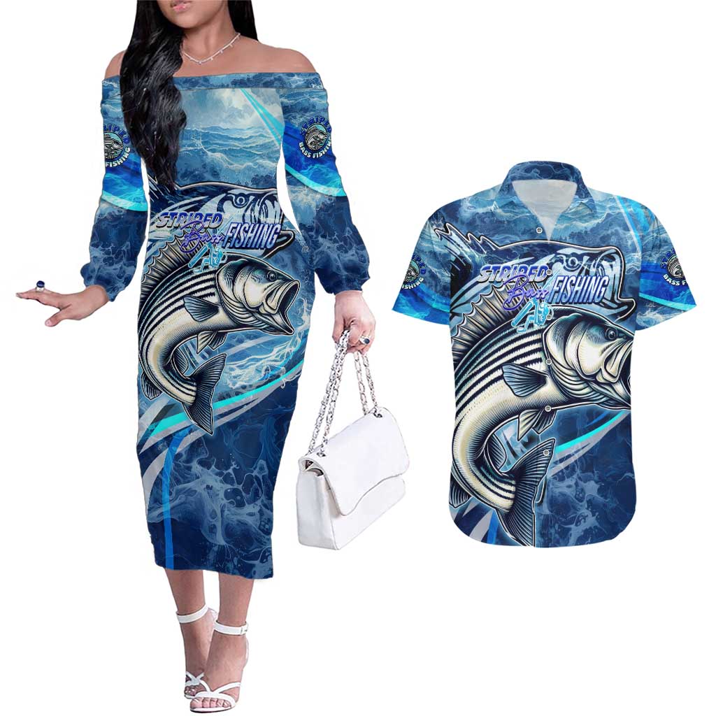 Striped Bass Fishing Couples Matching Off The Shoulder Long Sleeve Dress and Hawaiian Shirt Ocean Waves