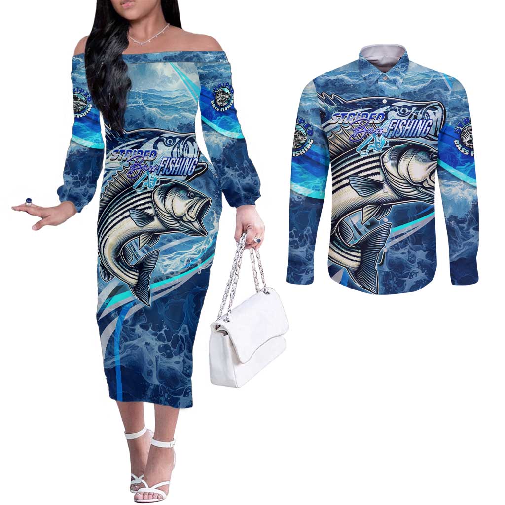 Striped Bass Fishing Couples Matching Off The Shoulder Long Sleeve Dress and Long Sleeve Button Shirt Ocean Waves