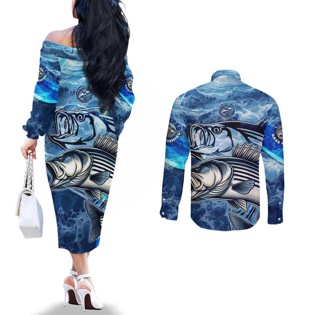 Striped Bass Fishing Couples Matching Off The Shoulder Long Sleeve Dress and Long Sleeve Button Shirt Ocean Waves