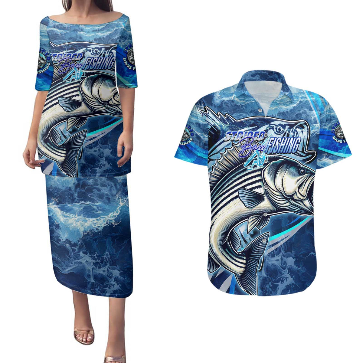 Striped Bass Fishing Couples Matching Puletasi and Hawaiian Shirt Ocean Waves