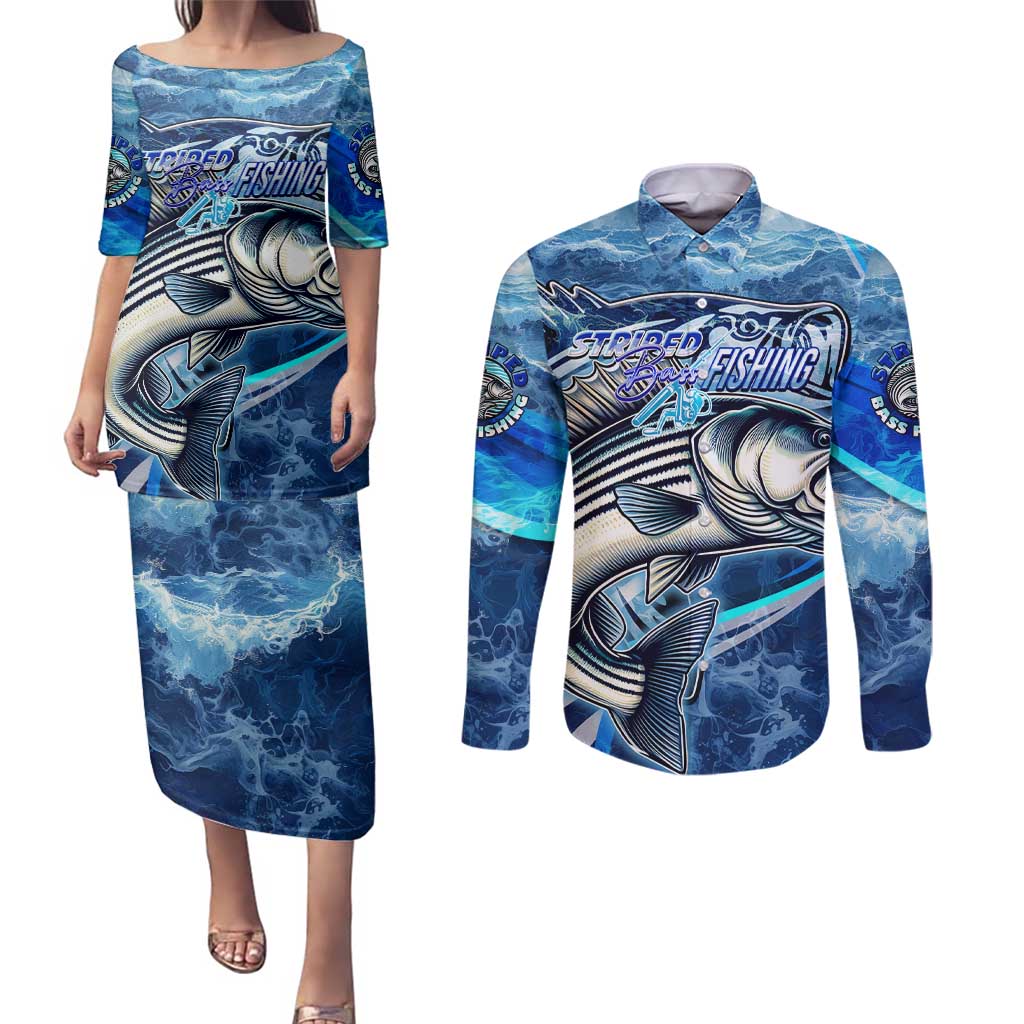 Striped Bass Fishing Couples Matching Puletasi and Long Sleeve Button Shirt Ocean Waves