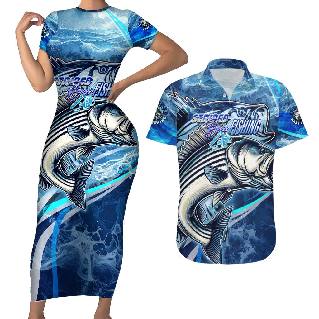 Striped Bass Fishing Couples Matching Short Sleeve Bodycon Dress and Hawaiian Shirt Ocean Waves