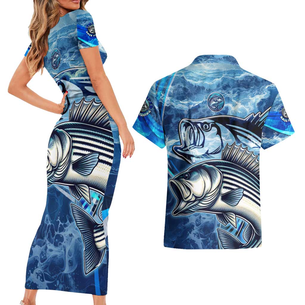 Striped Bass Fishing Couples Matching Short Sleeve Bodycon Dress and Hawaiian Shirt Ocean Waves