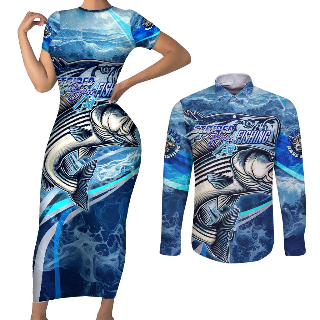 Striped Bass Fishing Couples Matching Short Sleeve Bodycon Dress and Long Sleeve Button Shirt Ocean Waves