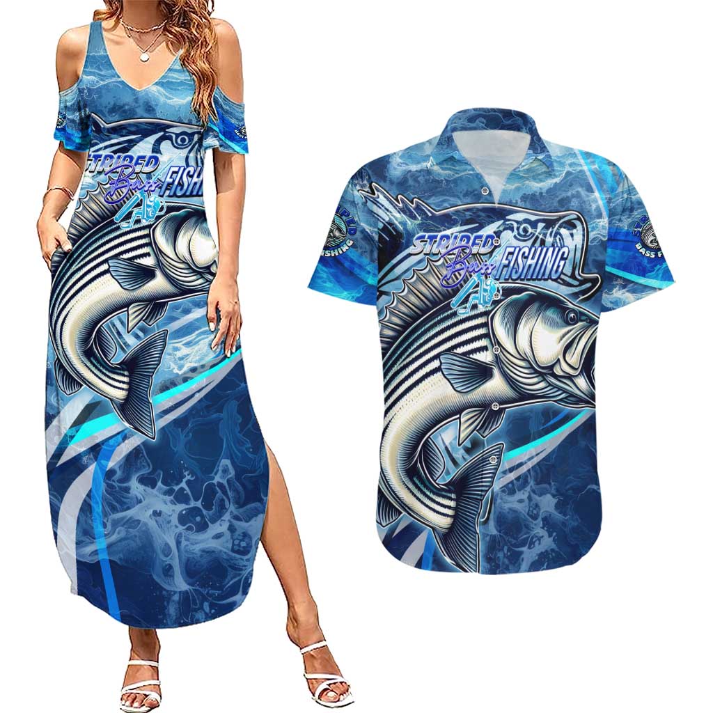 Striped Bass Fishing Couples Matching Summer Maxi Dress and Hawaiian Shirt Ocean Waves
