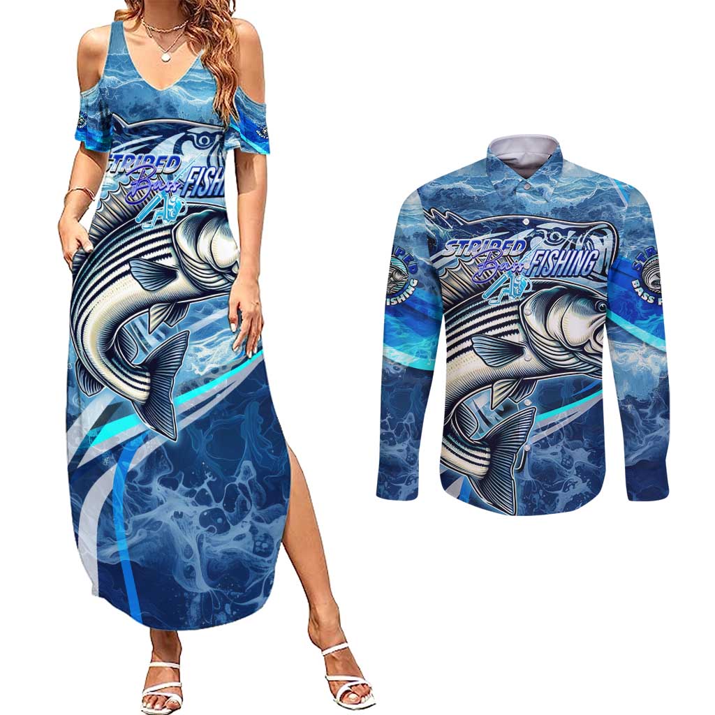 Striped Bass Fishing Couples Matching Summer Maxi Dress and Long Sleeve Button Shirt Ocean Waves