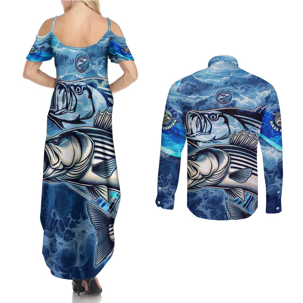 Striped Bass Fishing Couples Matching Summer Maxi Dress and Long Sleeve Button Shirt Ocean Waves