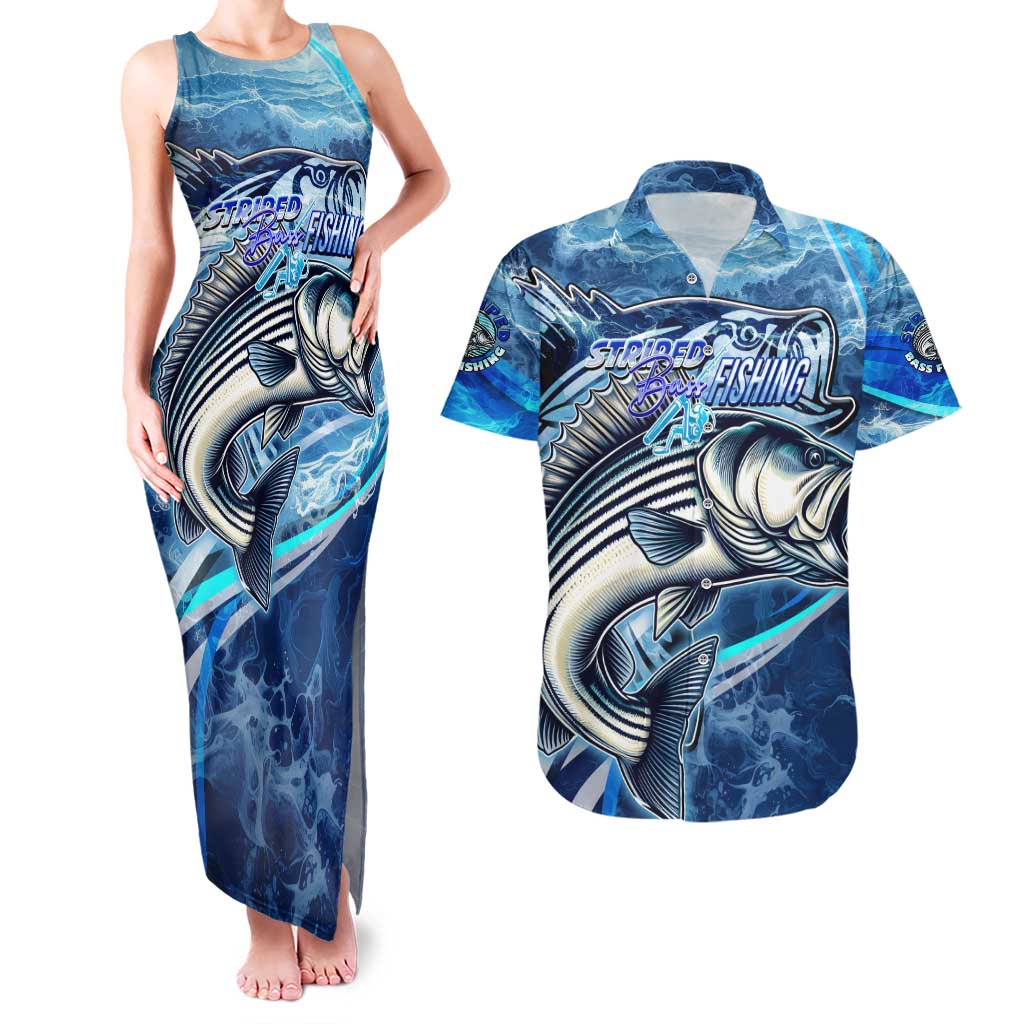 Striped Bass Fishing Couples Matching Tank Maxi Dress and Hawaiian Shirt Ocean Waves