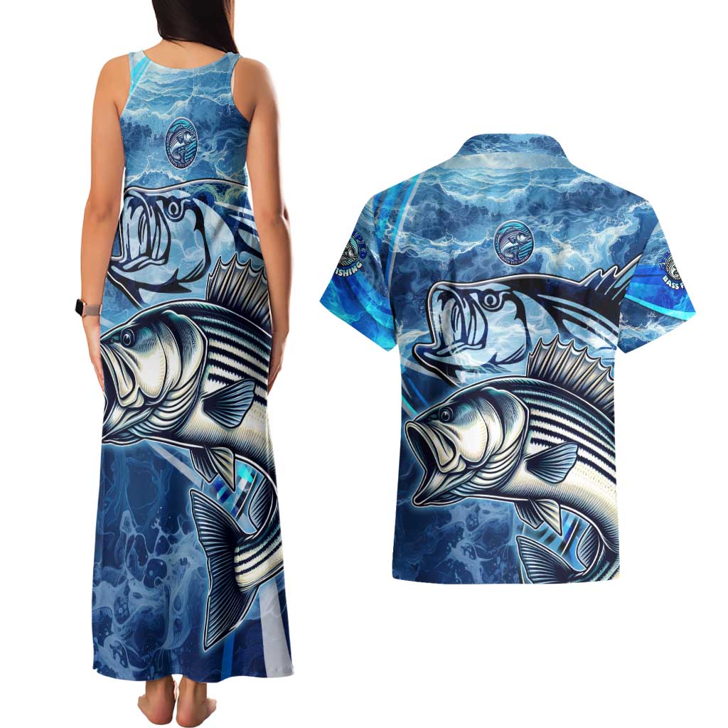 Striped Bass Fishing Couples Matching Tank Maxi Dress and Hawaiian Shirt Ocean Waves
