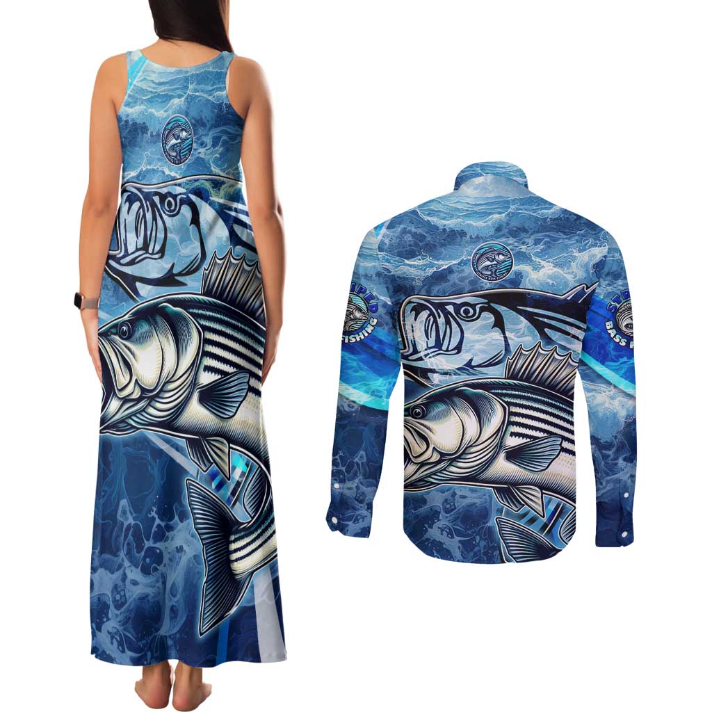 Striped Bass Fishing Couples Matching Tank Maxi Dress and Long Sleeve Button Shirt Ocean Waves