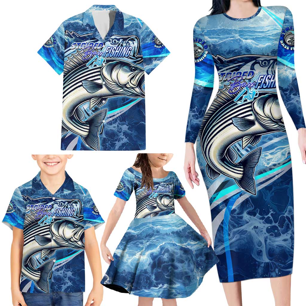 Striped Bass Fishing Family Matching Long Sleeve Bodycon Dress and Hawaiian Shirt Ocean Waves