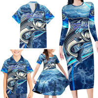 Striped Bass Fishing Family Matching Long Sleeve Bodycon Dress and Hawaiian Shirt Ocean Waves