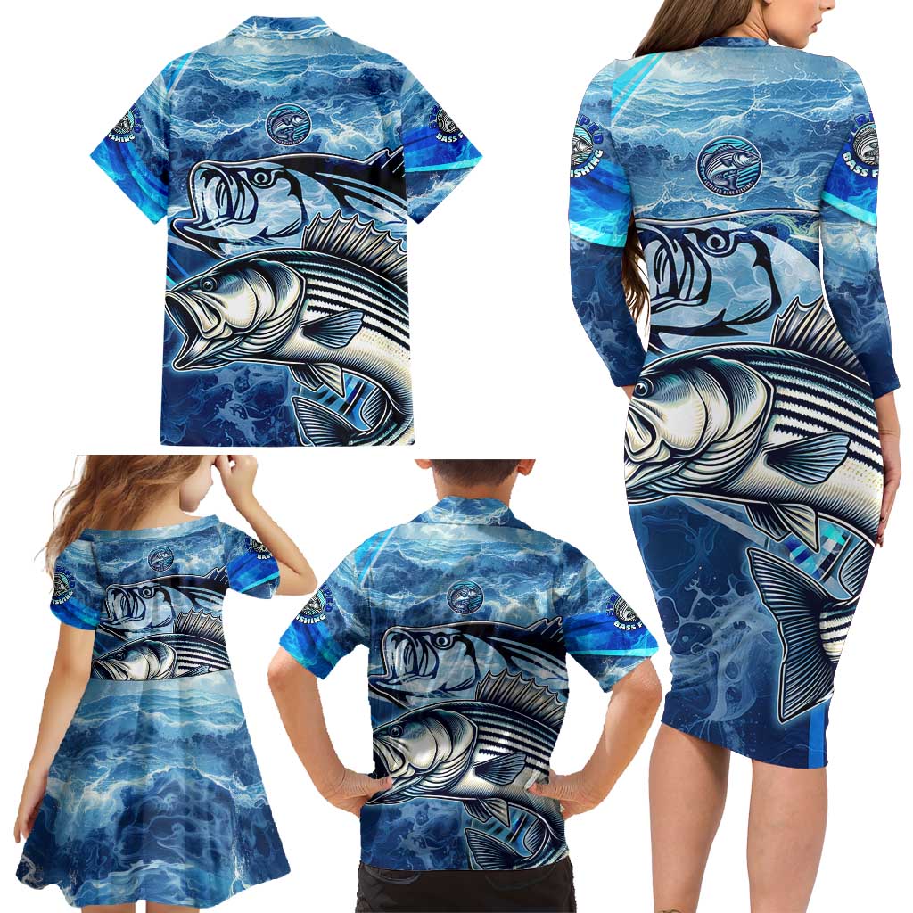 Striped Bass Fishing Family Matching Long Sleeve Bodycon Dress and Hawaiian Shirt Ocean Waves