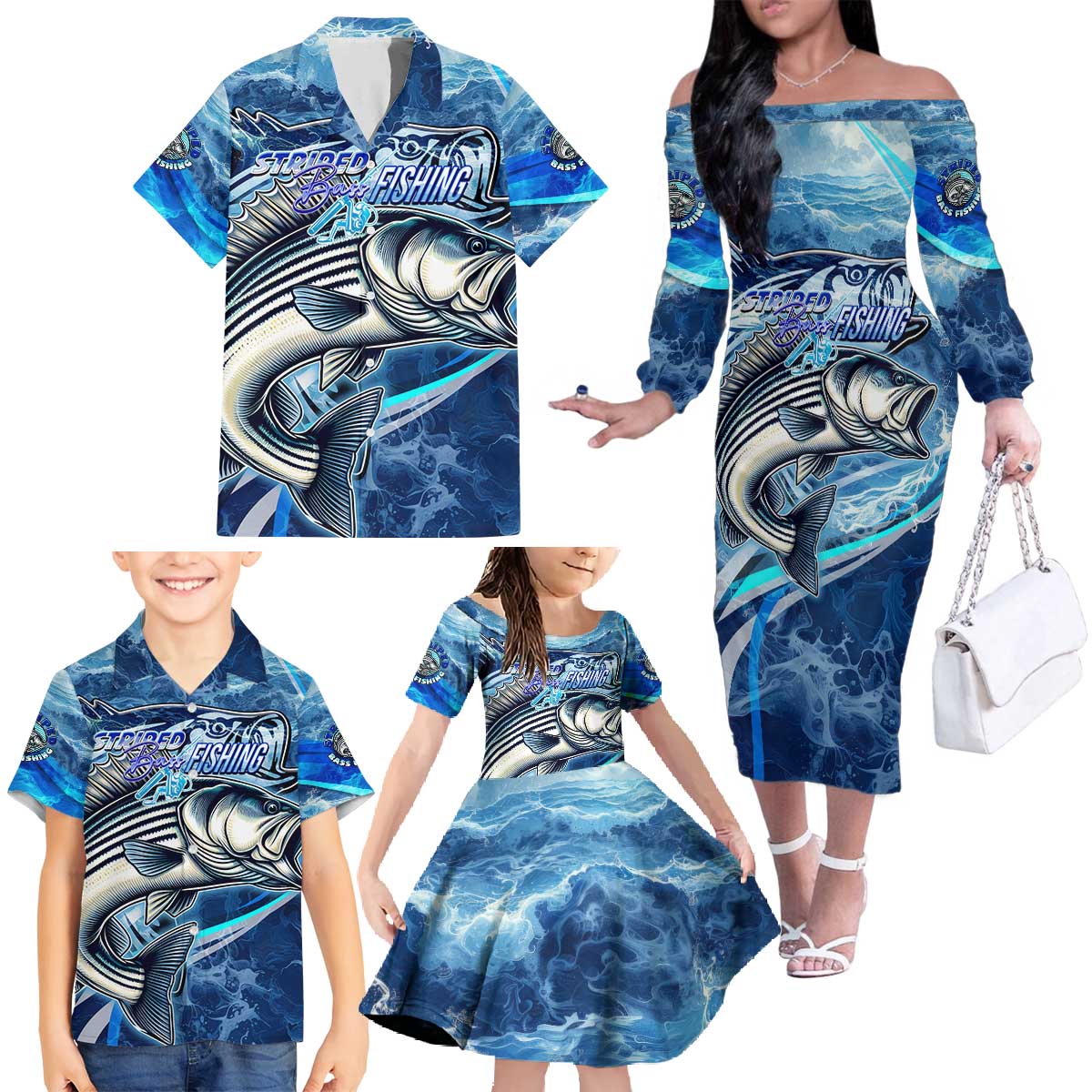 Striped Bass Fishing Family Matching Off The Shoulder Long Sleeve Dress and Hawaiian Shirt Ocean Waves