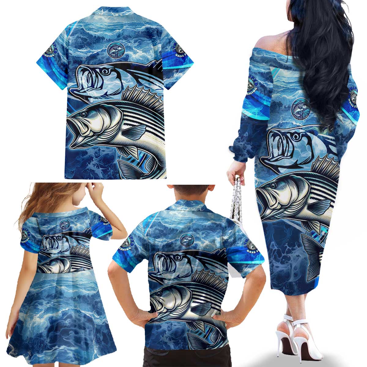 Striped Bass Fishing Family Matching Off The Shoulder Long Sleeve Dress and Hawaiian Shirt Ocean Waves