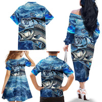 Striped Bass Fishing Family Matching Off The Shoulder Long Sleeve Dress and Hawaiian Shirt Ocean Waves