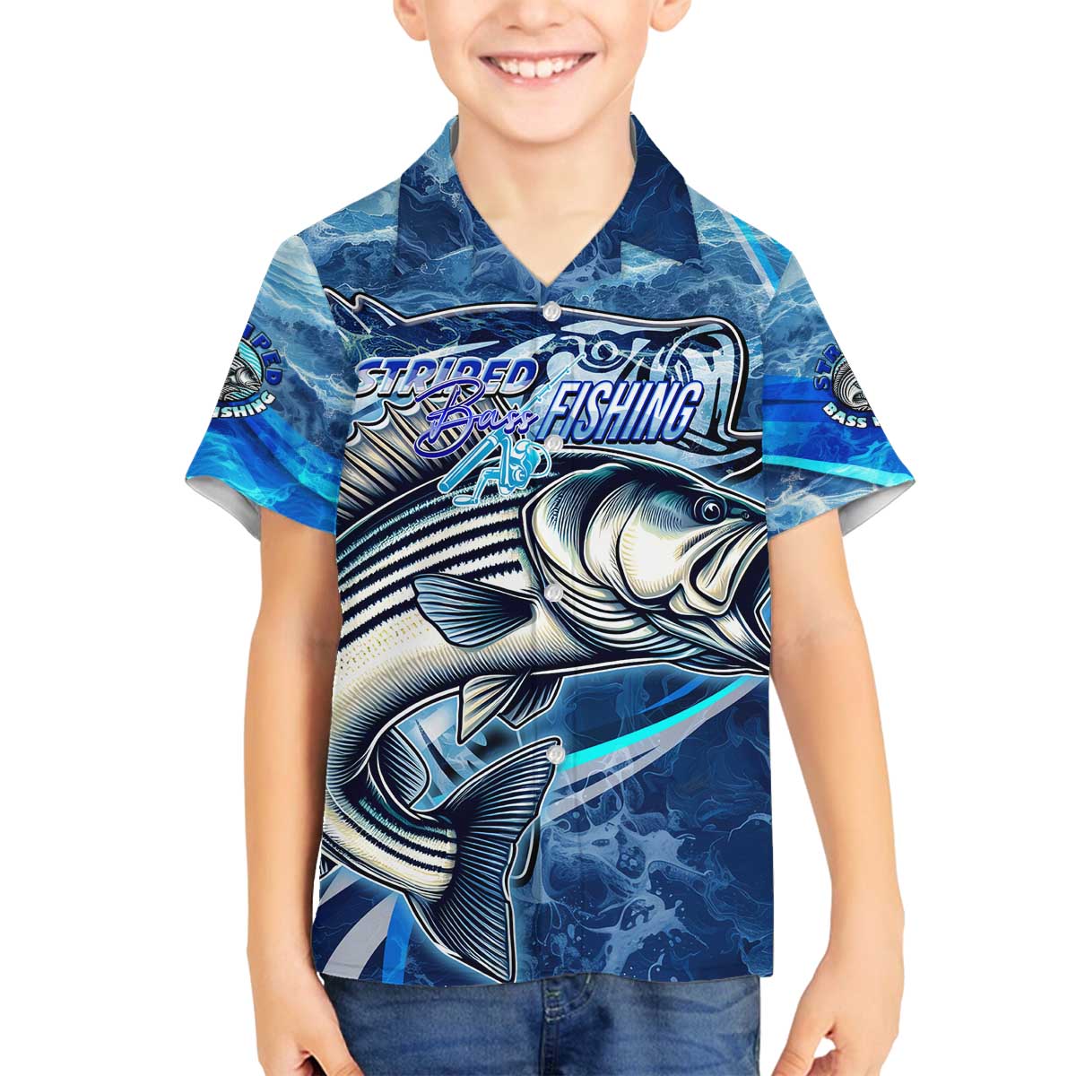 Striped Bass Fishing Family Matching Off The Shoulder Long Sleeve Dress and Hawaiian Shirt Ocean Waves