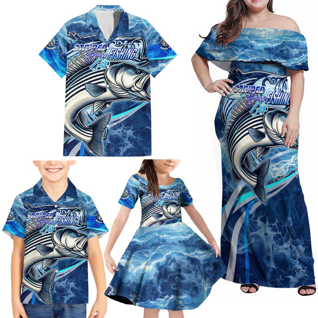 Striped Bass Fishing Family Matching Off Shoulder Maxi Dress and Hawaiian Shirt Ocean Waves