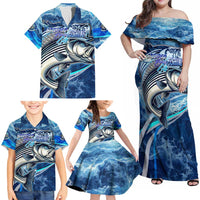 Striped Bass Fishing Family Matching Off Shoulder Maxi Dress and Hawaiian Shirt Ocean Waves