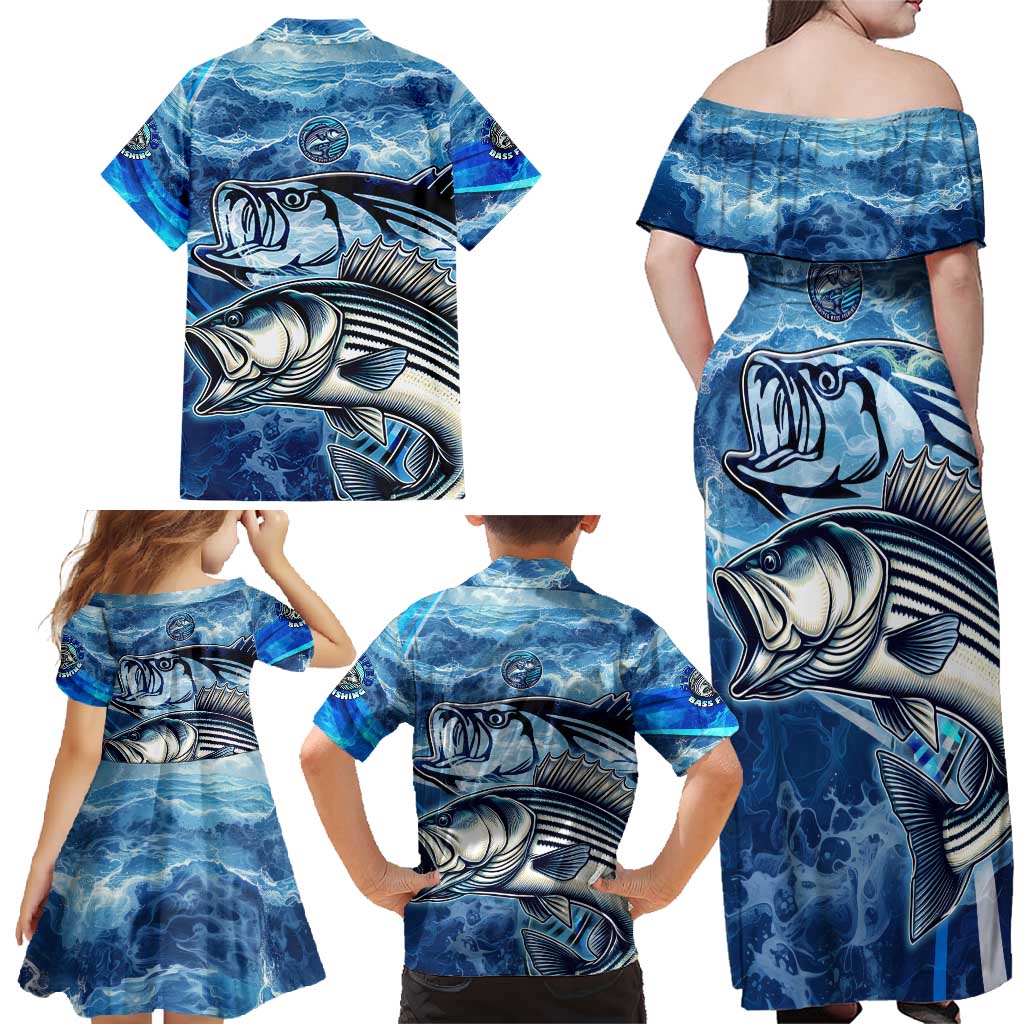 Striped Bass Fishing Family Matching Off Shoulder Maxi Dress and Hawaiian Shirt Ocean Waves