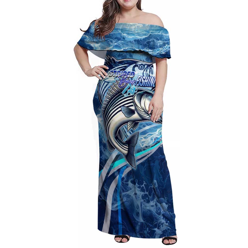 Striped Bass Fishing Family Matching Off Shoulder Maxi Dress and Hawaiian Shirt Ocean Waves