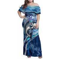 Striped Bass Fishing Family Matching Off Shoulder Maxi Dress and Hawaiian Shirt Ocean Waves