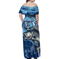 Striped Bass Fishing Family Matching Off Shoulder Maxi Dress and Hawaiian Shirt Ocean Waves