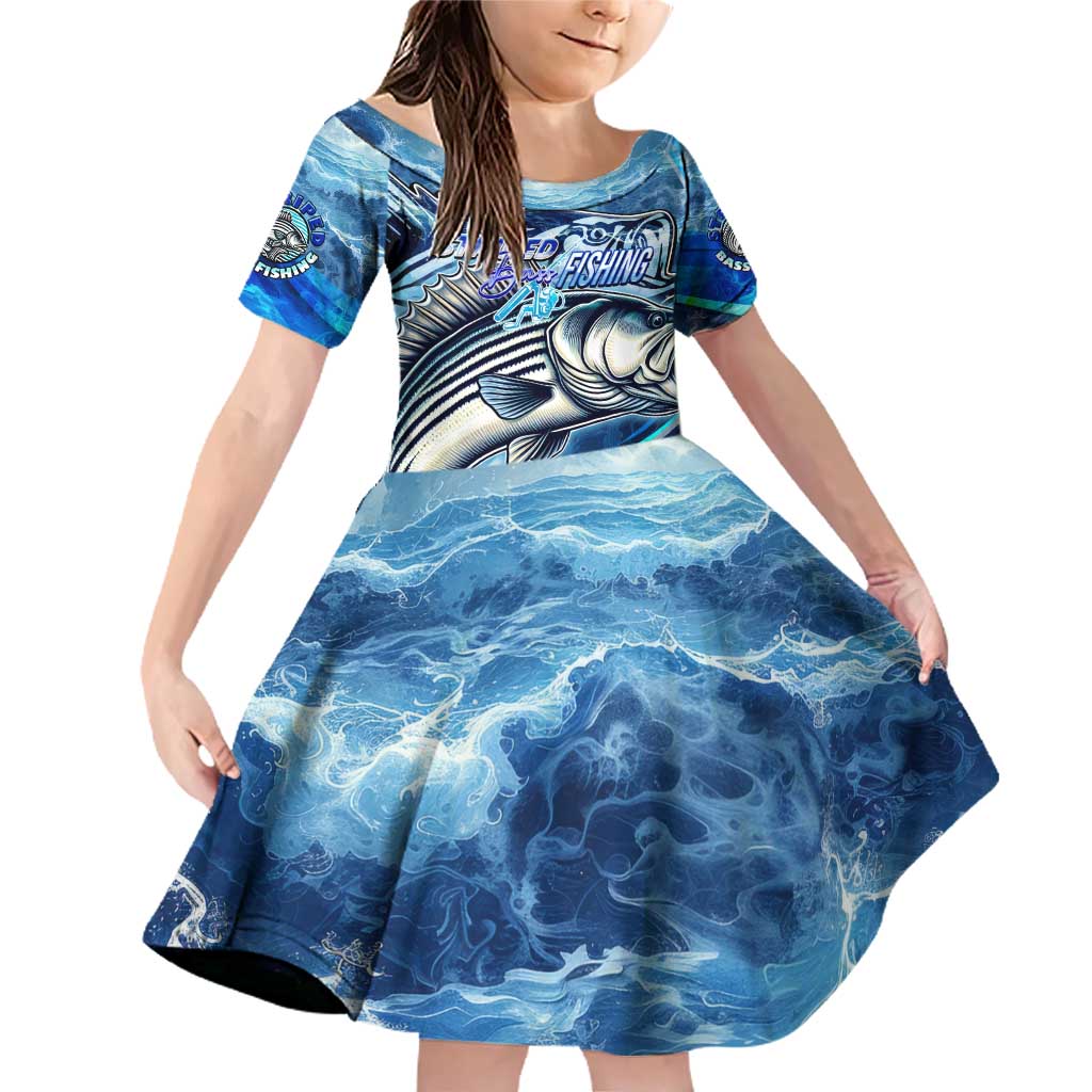 Striped Bass Fishing Family Matching Off Shoulder Short Dress and Hawaiian Shirt Ocean Waves