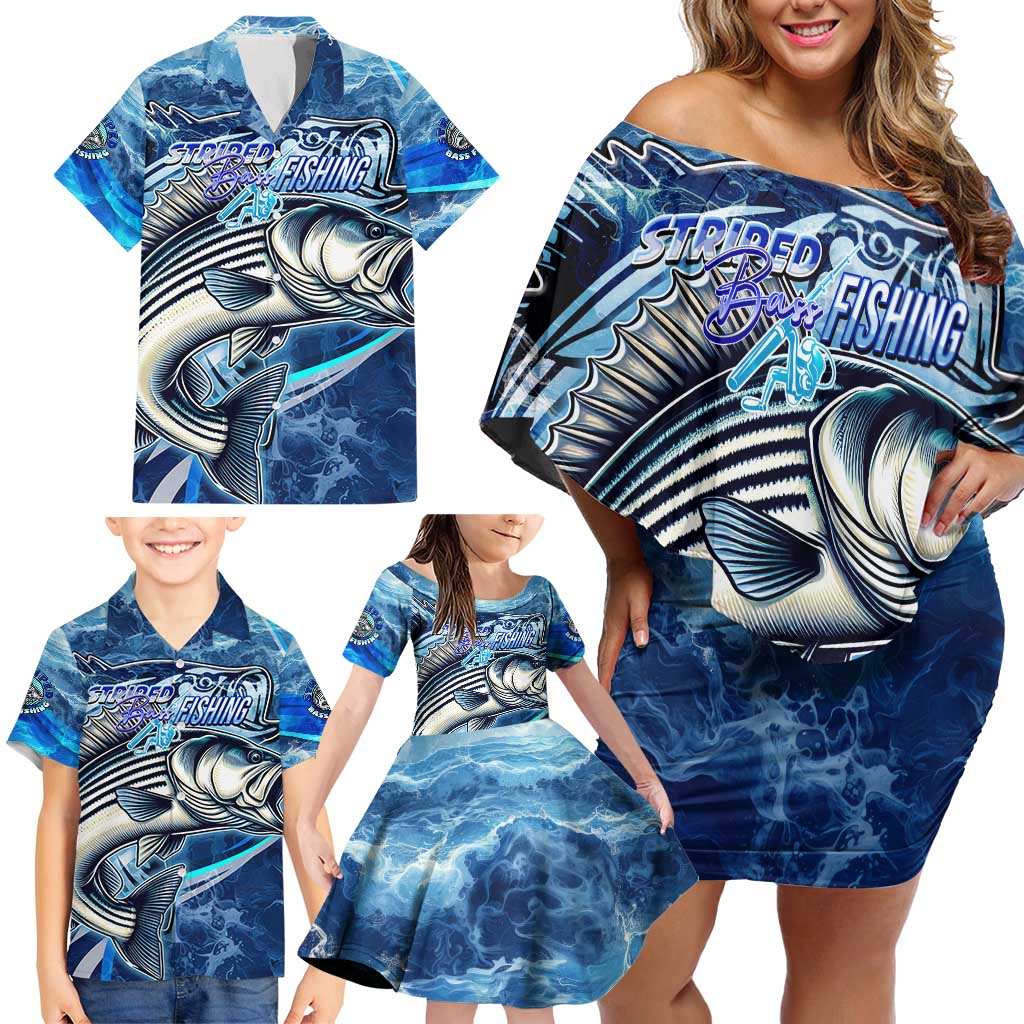 Striped Bass Fishing Family Matching Off Shoulder Short Dress and Hawaiian Shirt Ocean Waves