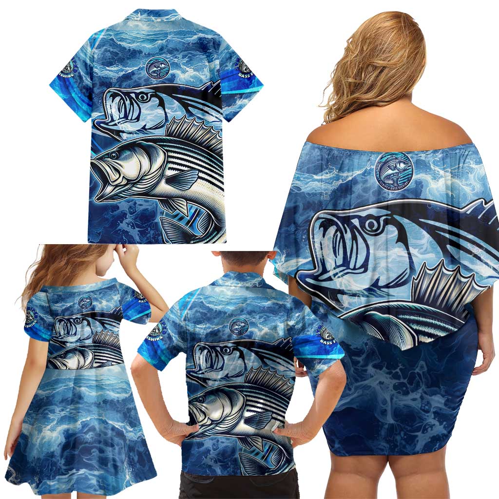 Striped Bass Fishing Family Matching Off Shoulder Short Dress and Hawaiian Shirt Ocean Waves