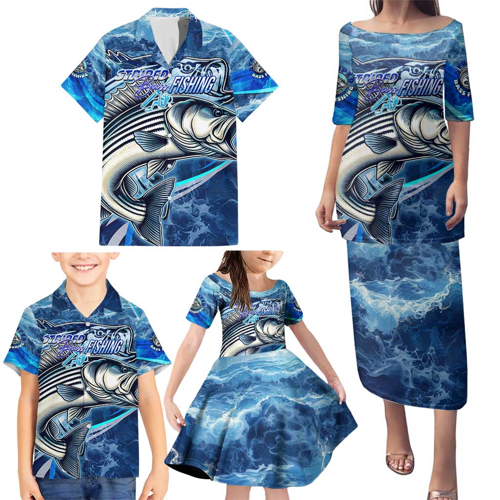 Striped Bass Fishing Family Matching Puletasi and Hawaiian Shirt Ocean Waves