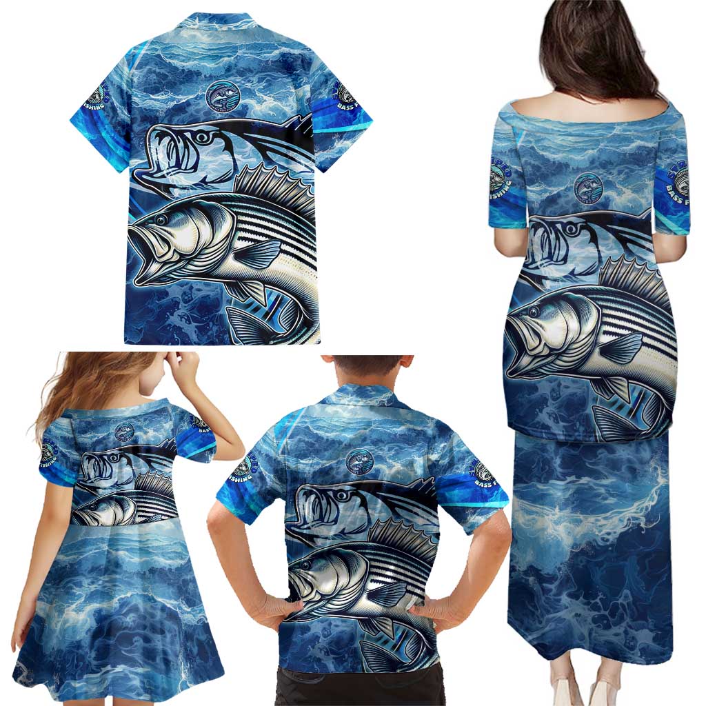 Striped Bass Fishing Family Matching Puletasi and Hawaiian Shirt Ocean Waves