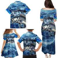 Striped Bass Fishing Family Matching Puletasi and Hawaiian Shirt Ocean Waves