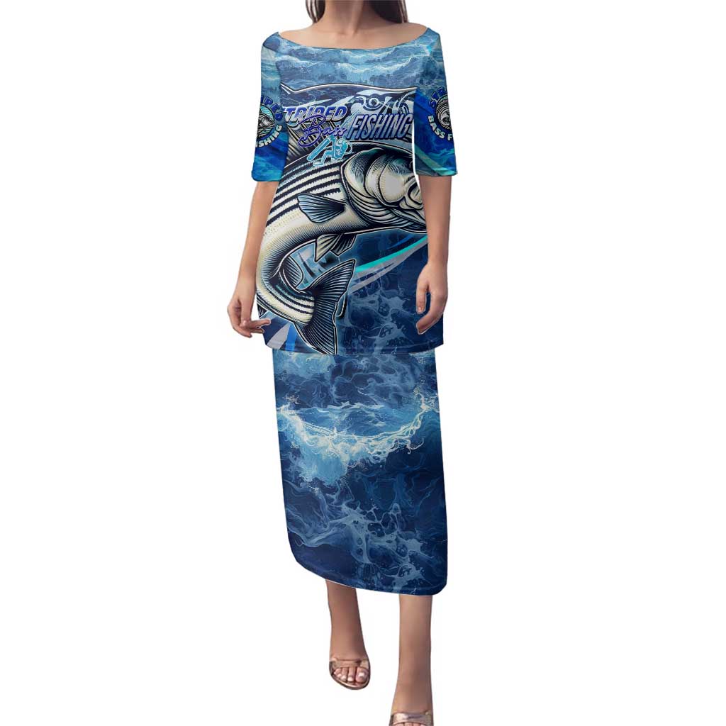 Striped Bass Fishing Family Matching Puletasi and Hawaiian Shirt Ocean Waves