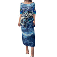 Striped Bass Fishing Family Matching Puletasi and Hawaiian Shirt Ocean Waves