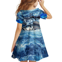 Striped Bass Fishing Family Matching Short Sleeve Bodycon Dress and Hawaiian Shirt Ocean Waves