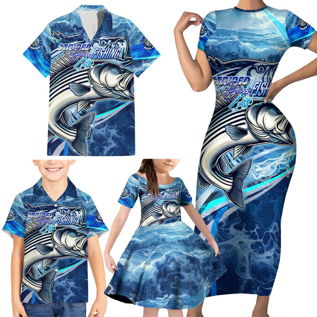 Striped Bass Fishing Family Matching Short Sleeve Bodycon Dress and Hawaiian Shirt Ocean Waves