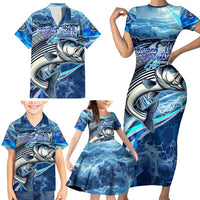 Striped Bass Fishing Family Matching Short Sleeve Bodycon Dress and Hawaiian Shirt Ocean Waves