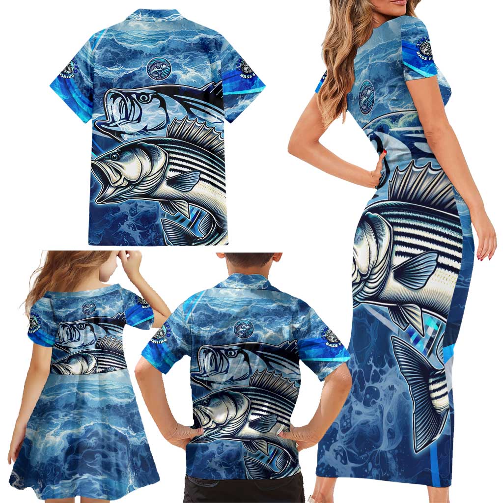 Striped Bass Fishing Family Matching Short Sleeve Bodycon Dress and Hawaiian Shirt Ocean Waves