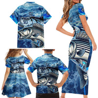 Striped Bass Fishing Family Matching Short Sleeve Bodycon Dress and Hawaiian Shirt Ocean Waves