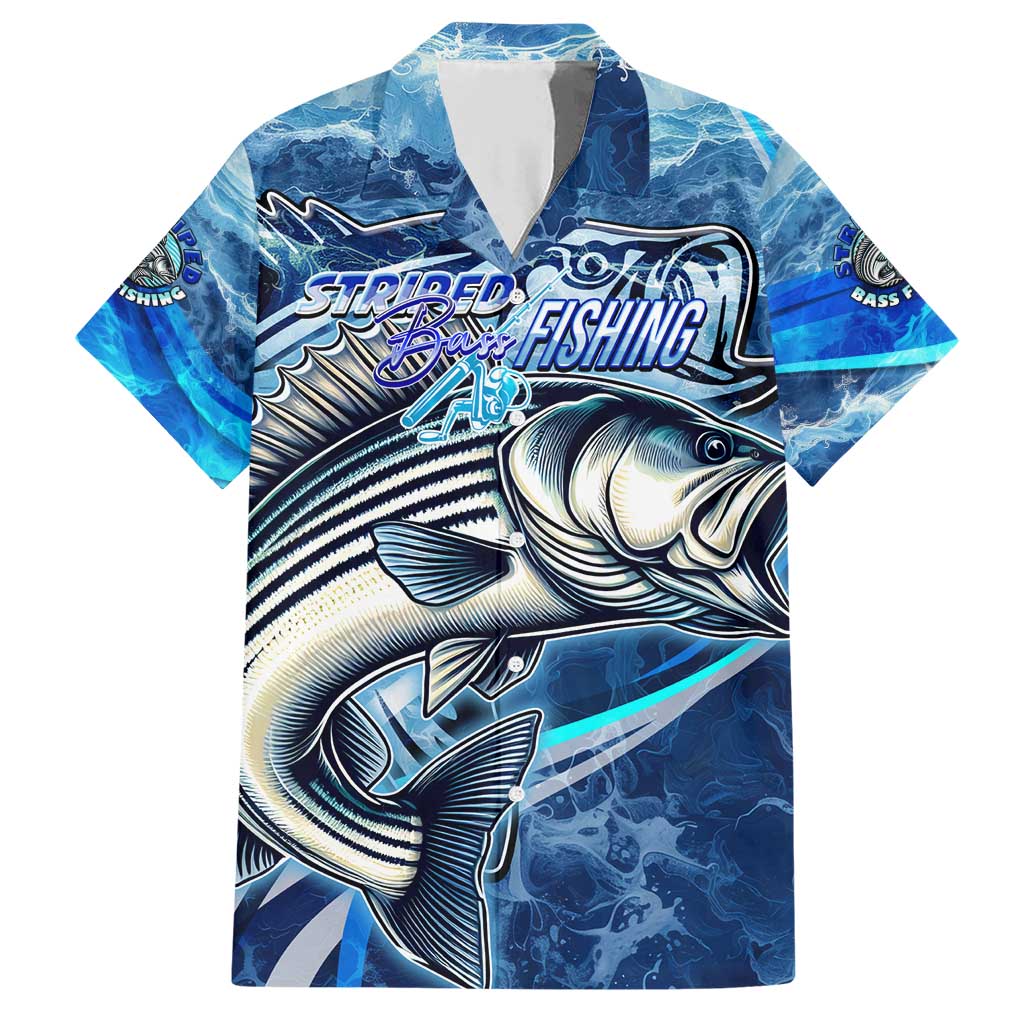 Striped Bass Fishing Family Matching Short Sleeve Bodycon Dress and Hawaiian Shirt Ocean Waves