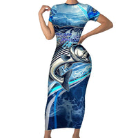 Striped Bass Fishing Family Matching Short Sleeve Bodycon Dress and Hawaiian Shirt Ocean Waves