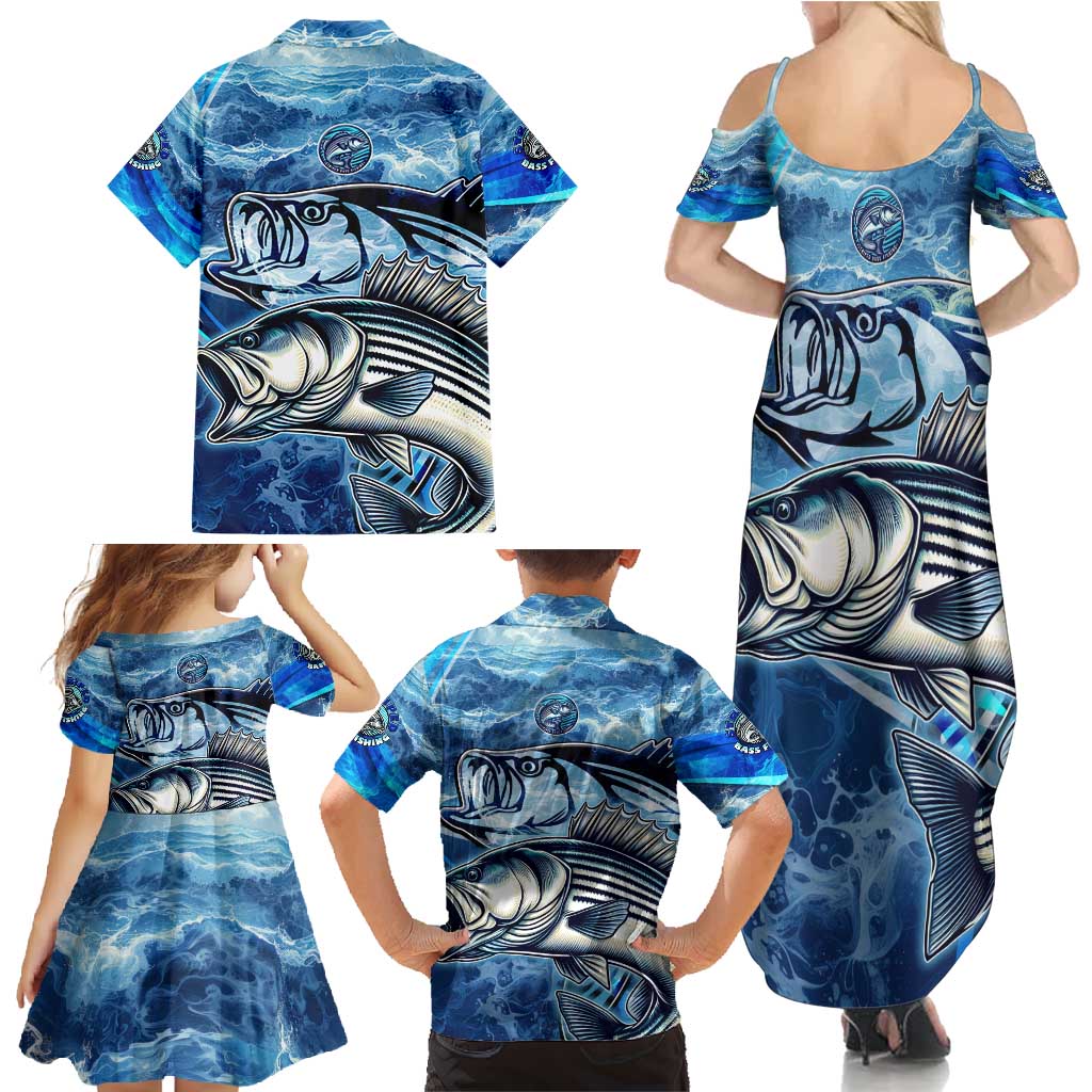 Striped Bass Fishing Family Matching Summer Maxi Dress and Hawaiian Shirt Ocean Waves